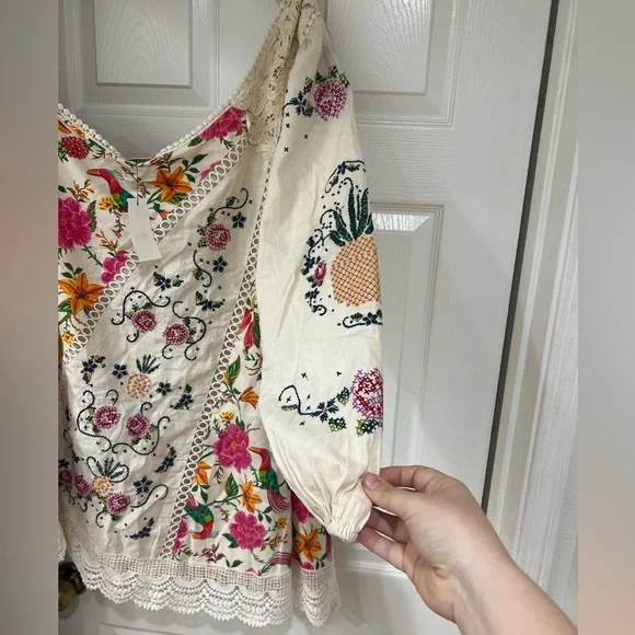 NWT Farm Rio Toucan's Garden Floral Embroidery One-Shoulder Linen Blend Dress - Picture 6 of 14